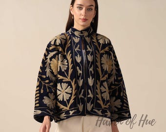 Velvet Suzani Embroidered Jacket, Handmade Embroidered Jacket, Boho Floral Coat, Women's Velvet Jacket, Indian Embroidered Jacket