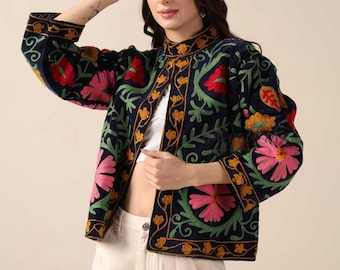 Handmade Velvet Suzani Embroidered Jacket, Boho Floral Coat, Women's Velvet Jacket, Indian Embroidered Jacket, Festival Coat