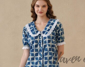 Hand Block Printed Cotton Blouse | Indigo Blue | Vintage Floral Cotton Shirt | Boho Cottagecore Blouse | Handmade Summer Top