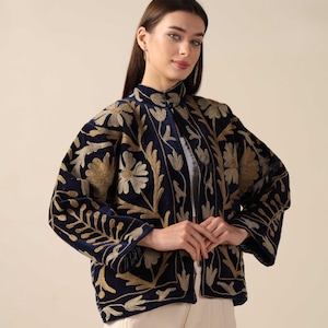 Handmade Velvet Suzani Embroidered Jacket for Women featuring artisan embroidery, boho style, ethnic outerwear, comfortable layering piece, perfect for fall, winter, festivals, travel, and unique gifts.