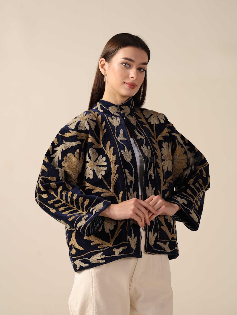 Handmade Velvet Suzani Embroidered Jacket for Women featuring artisan embroidery, boho style, ethnic outerwear, comfortable layering piece, perfect for fall, winter, festivals, travel, and unique gifts.