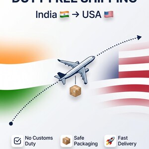 The image is an advertisement for duty-free shipping services between India and the USA. It features an airplane flying over the flags of both countries, with a box being dropped from the airplane. The text highlights the benefits of the service, such as no customs duty, safe packaging, and fast delivery.