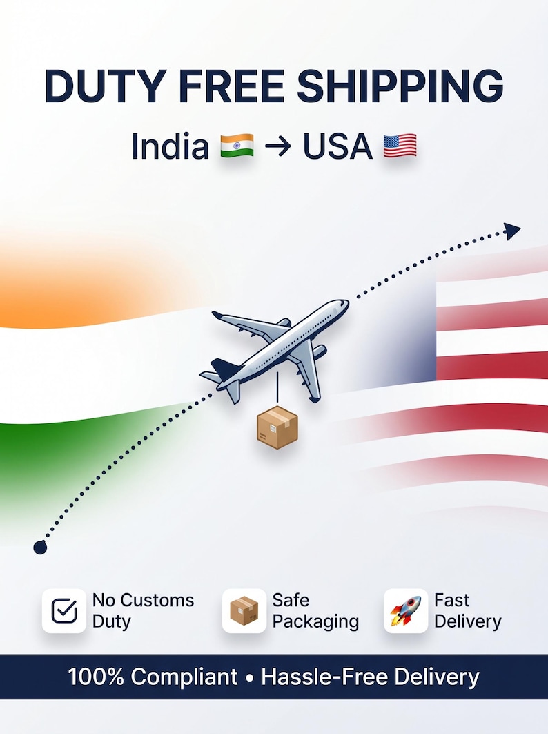 The image is an advertisement for duty-free shipping services between India and the USA. It features an airplane flying over the flags of both countries, with a box being dropped from the airplane. The text highlights the benefits of the service, such as no customs duty, safe packaging, and fast delivery.