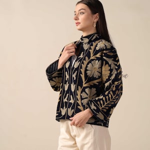 Handmade Velvet Suzani Embroidered Jacket for Women featuring artisan embroidery, boho style, ethnic outerwear, comfortable layering piece, perfect for fall, winter, festivals, travel, and unique gifts.