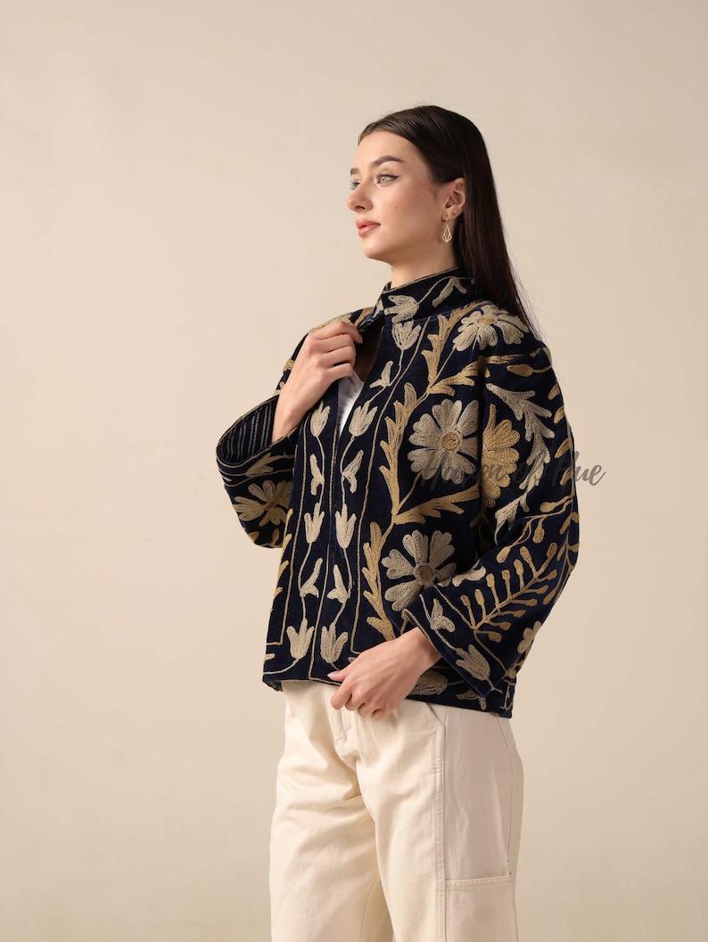 Handmade Velvet Suzani Embroidered Jacket for Women featuring artisan embroidery, boho style, ethnic outerwear, comfortable layering piece, perfect for fall, winter, festivals, travel, and unique gifts.