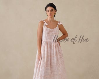 Hand Block Print Cotton Midi Dress, Tie Strap Sleeveless Summer Outfit
