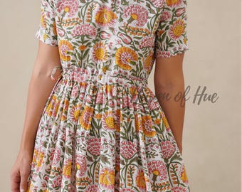 Vestido midi floral de algodão, vestido feminino respirável de manga curta com amarração na cintura e bolsos, roupa casual minimalista feita à mão para ela.