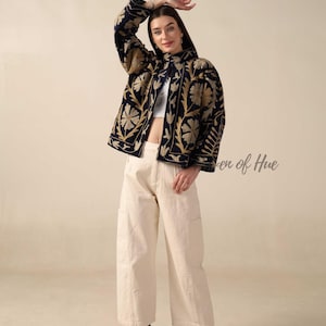 Velvet Suzani Embroidered Jacket, Handmade Embroidered Jacket, Boho Floral Coat, Women's Velvet Jacket, Indian Embroidered Jacket image 2