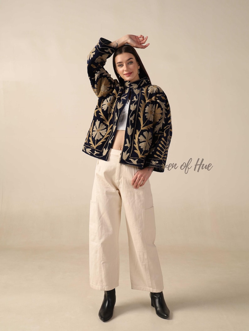 Velvet Suzani Embroidered Jacket, Handmade Embroidered Jacket, Boho Floral Coat, Women's Velvet Jacket, Indian Embroidered Jacket image 2