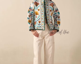 Handgeborduurd Suzani Kantha-jack, wit gewatteerd katoenen damesjack Boho bovenkleding korte winterjas cadeau voor haar