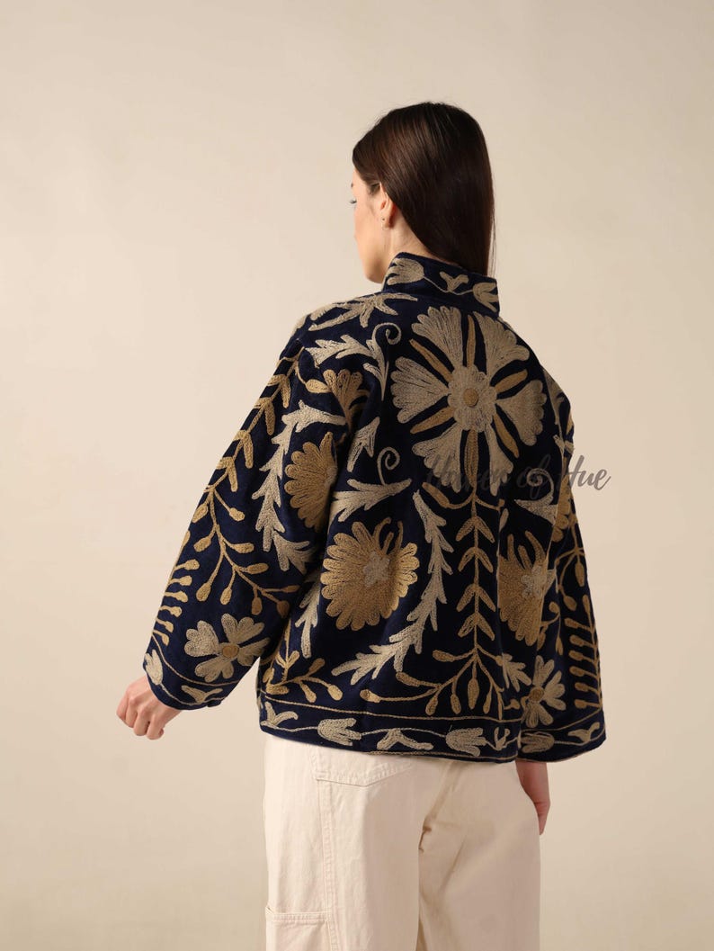 Handmade Velvet Suzani Embroidered Jacket for Women featuring artisan embroidery, boho style, ethnic outerwear, comfortable layering piece, perfect for fall, winter, festivals, travel, and unique gifts.