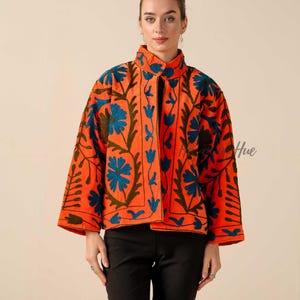 Handmade Velvet Suzani Embroidered Jacket for Women featuring artisan embroidery, boho style, ethnic outerwear, comfortable layering piece, perfect for fall, winter, festivals, travel, and unique gifts.