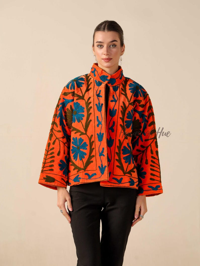 Handmade Velvet Suzani Embroidered Jacket for Women featuring artisan embroidery, boho style, ethnic outerwear, comfortable layering piece, perfect for fall, winter, festivals, travel, and unique gifts.