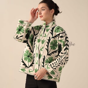 Handmade Velvet Suzani Embroidered Jacket for Women featuring artisan embroidery, boho style, ethnic outerwear, comfortable layering piece, perfect for fall, winter, festivals, travel, and unique gifts.