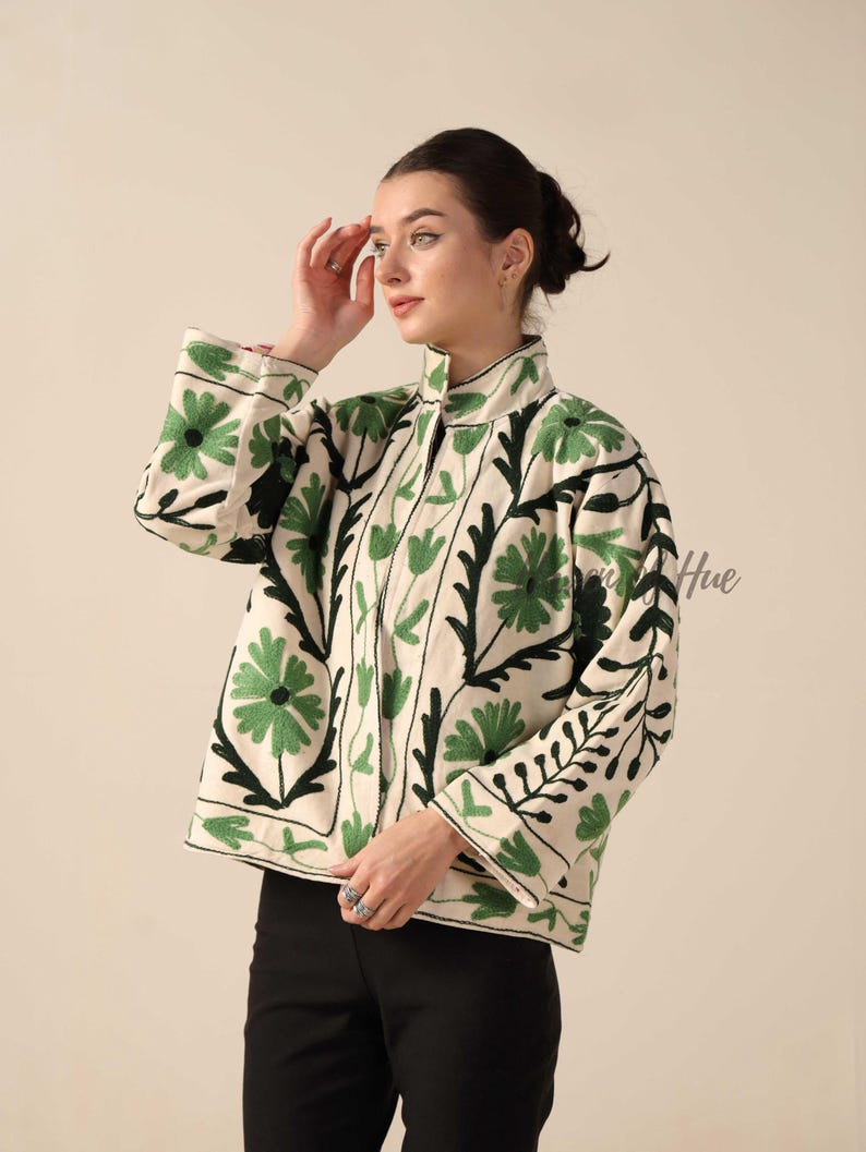 Handmade Velvet Suzani Embroidered Jacket for Women featuring artisan embroidery, boho style, ethnic outerwear, comfortable layering piece, perfect for fall, winter, festivals, travel, and unique gifts.