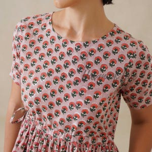 Hand Block Print Cotton Womens Midi Dress, Waist Tie Fit, Pockets, Ethical Summer image 2