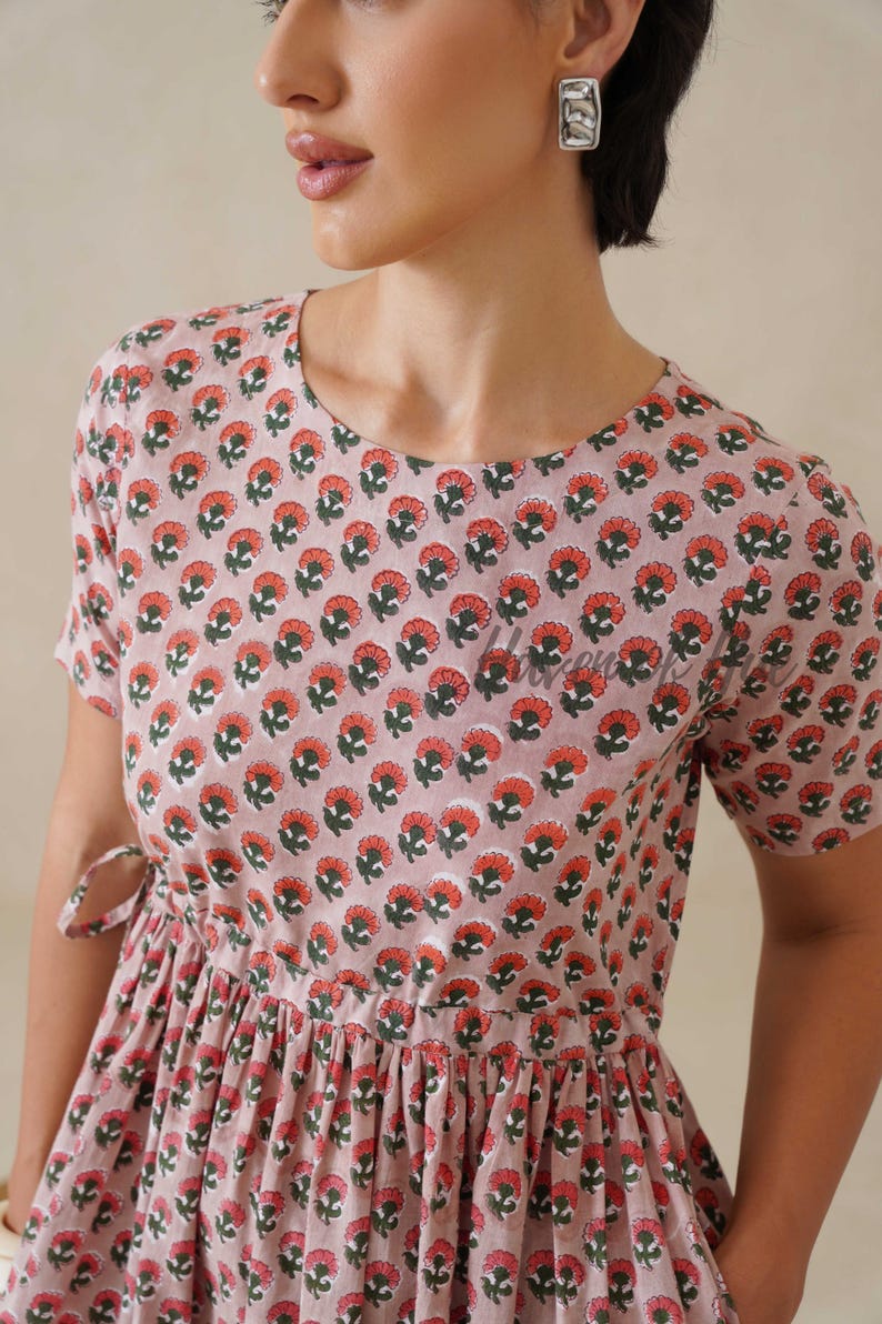 Hand Block Print Cotton Womens Midi Dress, Waist Tie Fit, Pockets, Ethical Summer image 2