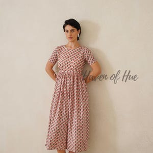 Hand Block Print Cotton Womens Midi Dress, Waist Tie Fit, Pockets, Ethical Summer image 6