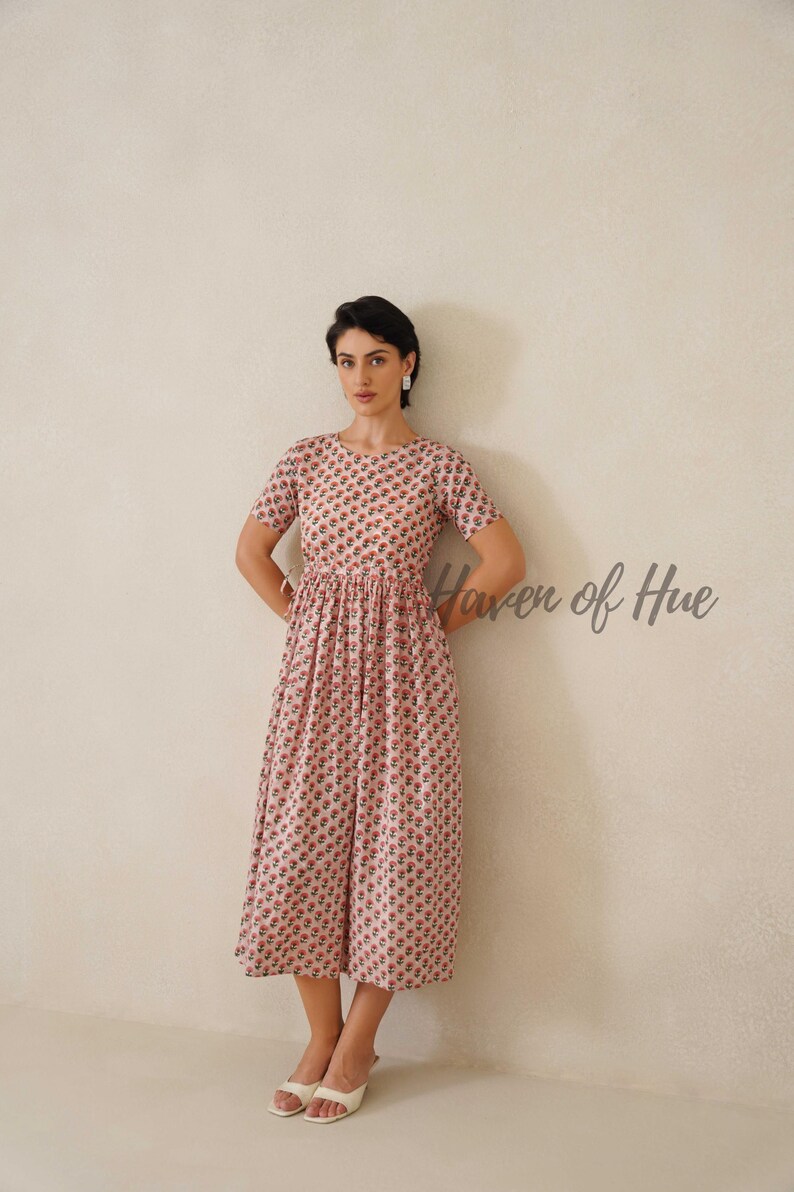 Hand Block Print Cotton Womens Midi Dress, Waist Tie Fit, Pockets, Ethical Summer image 6