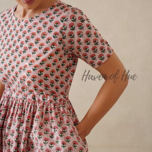 Hand Block Print Cotton Womens Midi Dress, Waist Tie Fit, Pockets, Ethical Summer image 3