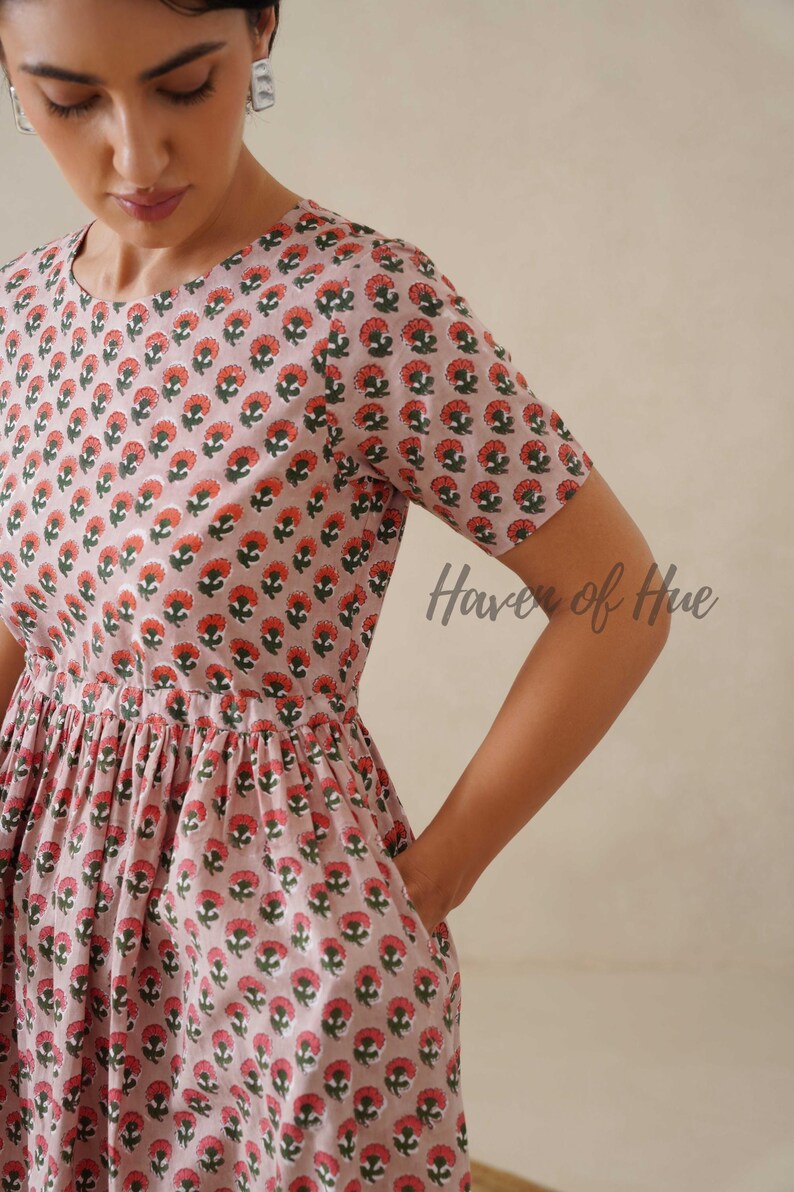 Hand Block Print Cotton Womens Midi Dress, Waist Tie Fit, Pockets, Ethical Summer image 3