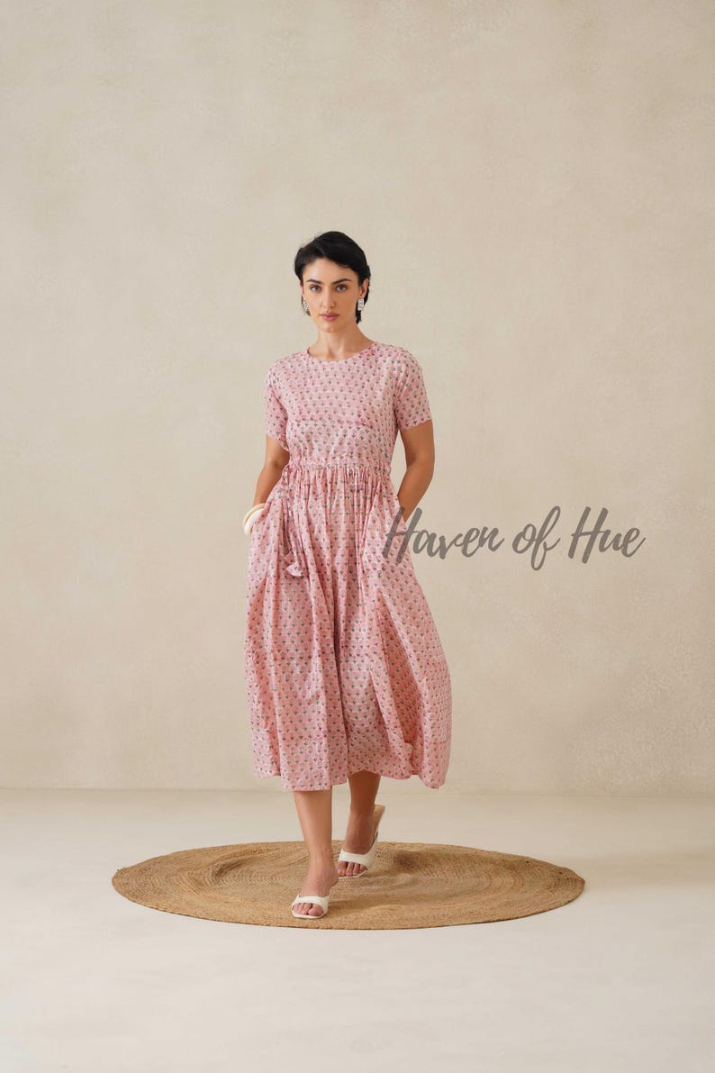 Hand Block Print Cotton Womens Midi Dress, Waist Tie Fit, Pockets, Ethical Summer #4