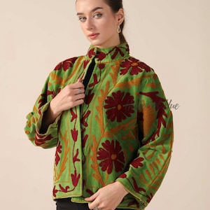 Handmade Velvet Suzani Embroidered Jacket for Women featuring artisan embroidery, boho style, ethnic outerwear, comfortable layering piece, perfect for fall, winter, festivals, travel, and unique gifts.