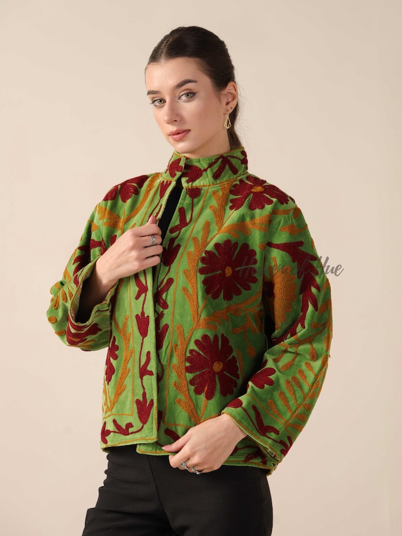 Handmade Velvet Suzani Embroidered Jacket for Women featuring artisan embroidery, boho style, ethnic outerwear, comfortable layering piece, perfect for fall, winter, festivals, travel, and unique gifts.