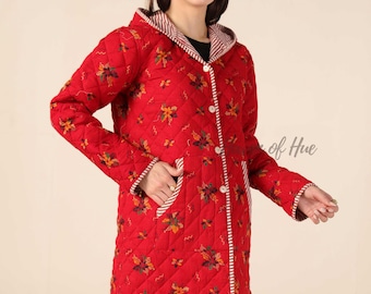 Chaqueta acolchada de algodón con estampado de bloques y capucha para mujer, abrigo de invierno estilo bohemio indio.