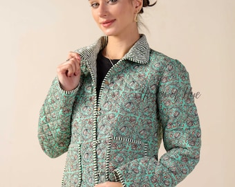 Women’s Cotton Floral Block Print Jacket Boho Reversible Handmade Winter Short Coat With Pockets