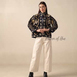 Handmade Velvet Suzani Embroidered Jacket for Women featuring artisan embroidery, boho style, ethnic outerwear, comfortable layering piece, perfect for fall, winter, festivals, travel, and unique gifts.