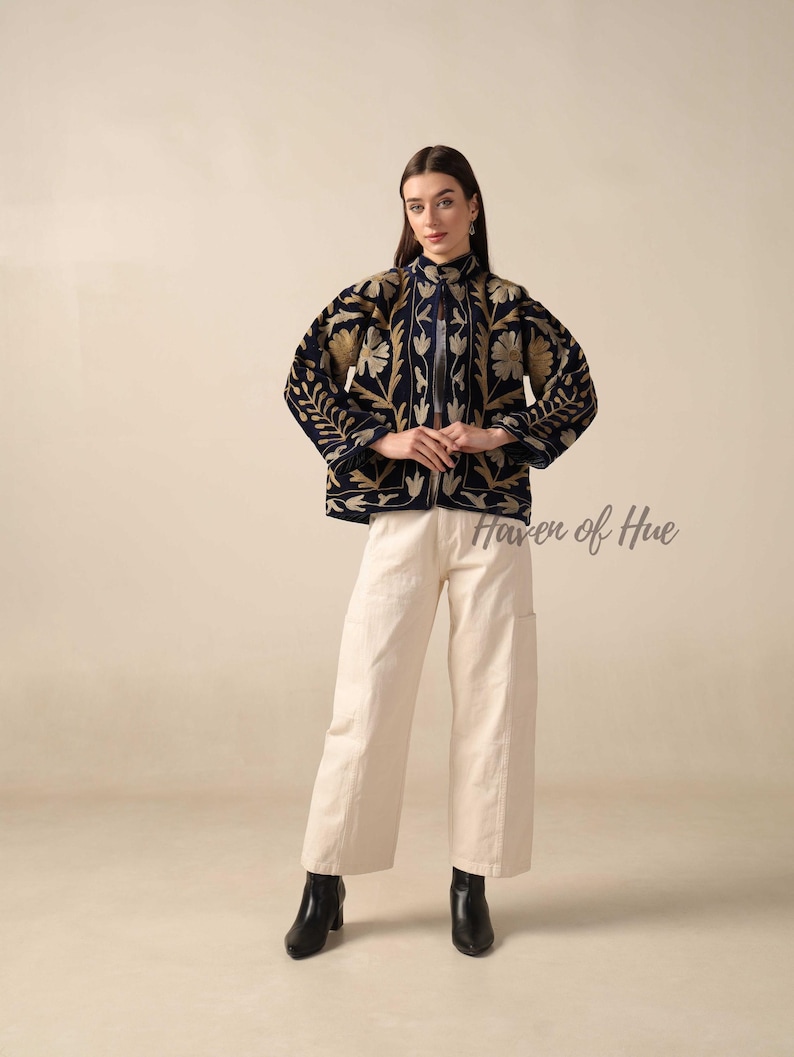 Handmade Velvet Suzani Embroidered Jacket for Women featuring artisan embroidery, boho style, ethnic outerwear, comfortable layering piece, perfect for fall, winter, festivals, travel, and unique gifts.