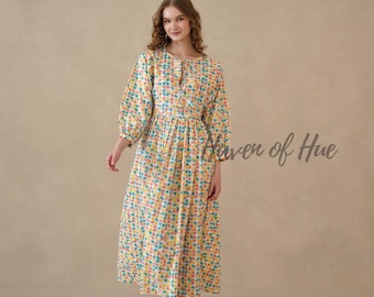 Hand Block Printed Cotton Midi Dress with Pockets | Boho Summer Tie-Neck Casual Women's Style