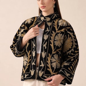 Handmade Velvet Suzani Embroidered Jacket for Women featuring artisan embroidery, boho style, ethnic outerwear, comfortable layering piece, perfect for fall, winter, festivals, travel, and unique gifts.