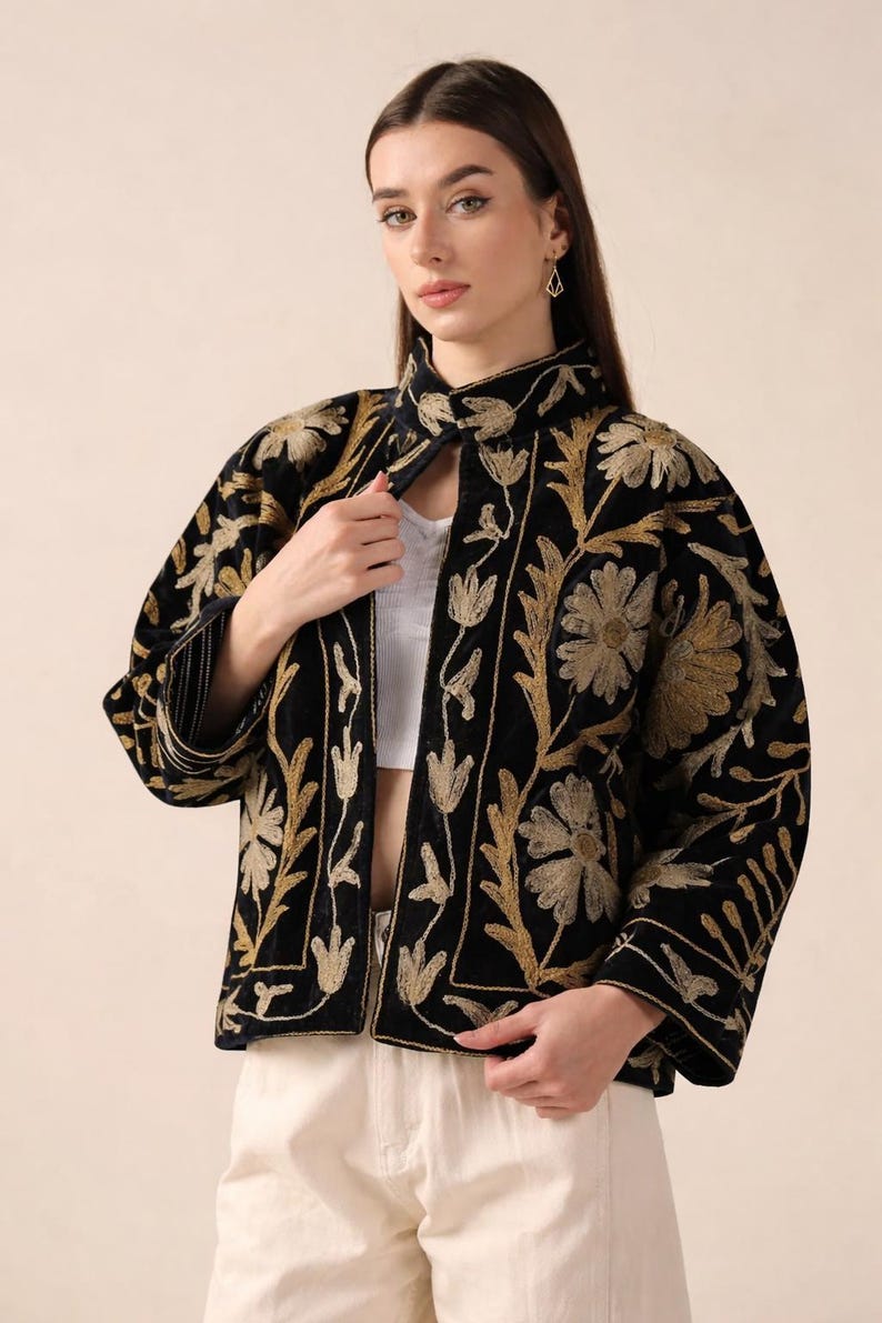 Handmade Velvet Suzani Embroidered Jacket for Women featuring artisan embroidery, boho style, ethnic outerwear, comfortable layering piece, perfect for fall, winter, festivals, travel, and unique gifts.