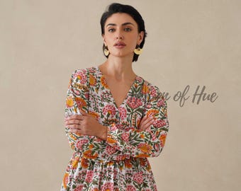 Hand Block Print Cotton Midi Dress, Floral V Neck, Relaxed Summer Style