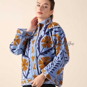 Handmade Velvet Suzani Embroidered Jacket for Women featuring artisan embroidery, boho style, ethnic outerwear, comfortable layering piece, perfect for fall, winter, festivals, travel, and unique gifts.