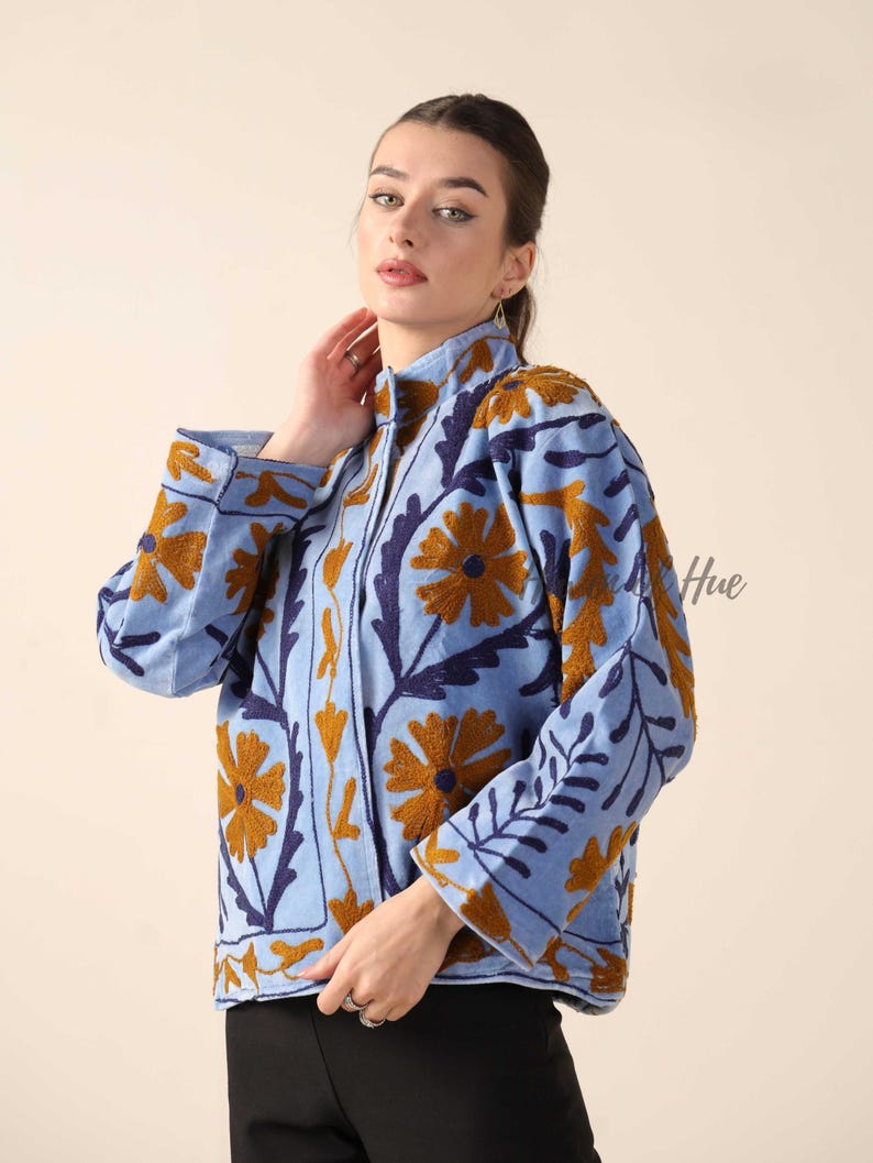 Handmade Velvet Suzani Embroidered Jacket for Women featuring artisan embroidery, boho style, ethnic outerwear, comfortable layering piece, perfect for fall, winter, festivals, travel, and unique gifts.