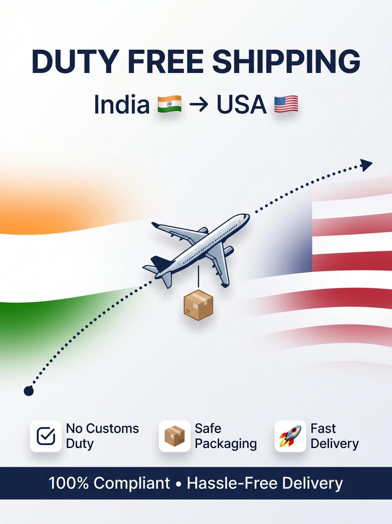The image is an advertisement for duty-free shipping services between India and the USA. It features an airplane flying over the flags of both countries, with a box being dropped from the airplane. The text highlights the benefits of the service, such as no customs duty, safe packaging, and fast delivery.