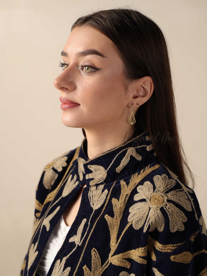 Handmade Velvet Suzani Embroidered Jacket for Women featuring artisan embroidery, boho style, ethnic outerwear, comfortable layering piece, perfect for fall, winter, festivals, travel, and unique gifts.