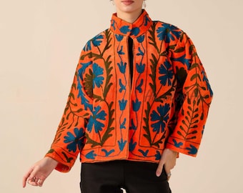 Handmade Velvet Suzani Embroidered Jacket, Bohemian Floral Coat