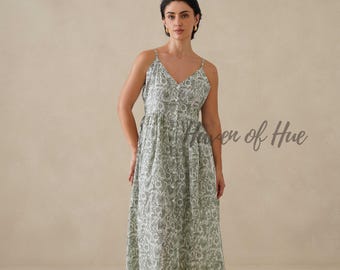 Cotton Hand Block Print Midi Dress, Green Floral Button Front Dress with Gathered Waist, Lightweight Indian Summer Dress