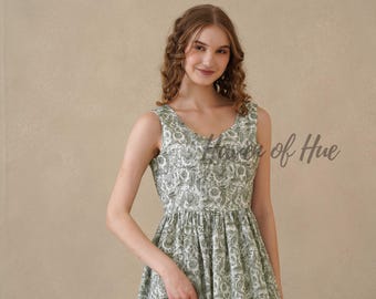 Green Floral Midi Dress: Hand Block Printed Cotton, Sleeveless, Gathered Waist