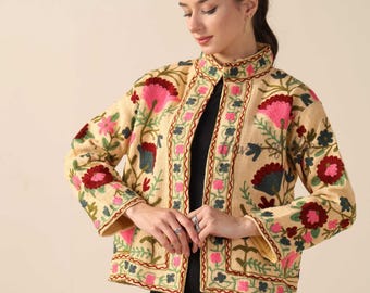 Boho Embroidered Cotton Suzani Jacket, Handmade Floral Coat