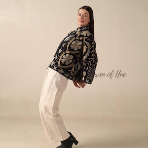 Velvet Suzani Embroidered Jacket, Handmade Embroidered Jacket, Boho Floral Coat, Women's Velvet Jacket, Indian Embroidered Jacket image 3