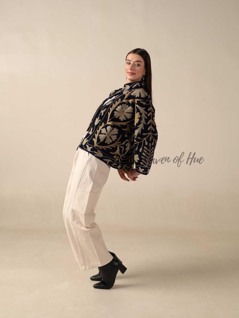 Velvet Suzani Embroidered Jacket, Handmade Embroidered Jacket, Boho Floral Coat, Women's Velvet Jacket, Indian Embroidered Jacket image 3