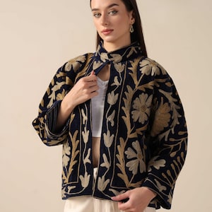 Handmade Velvet Suzani Embroidered Jacket for Women featuring artisan embroidery, boho style, ethnic outerwear, comfortable layering piece, perfect for fall, winter, festivals, travel, and unique gifts.