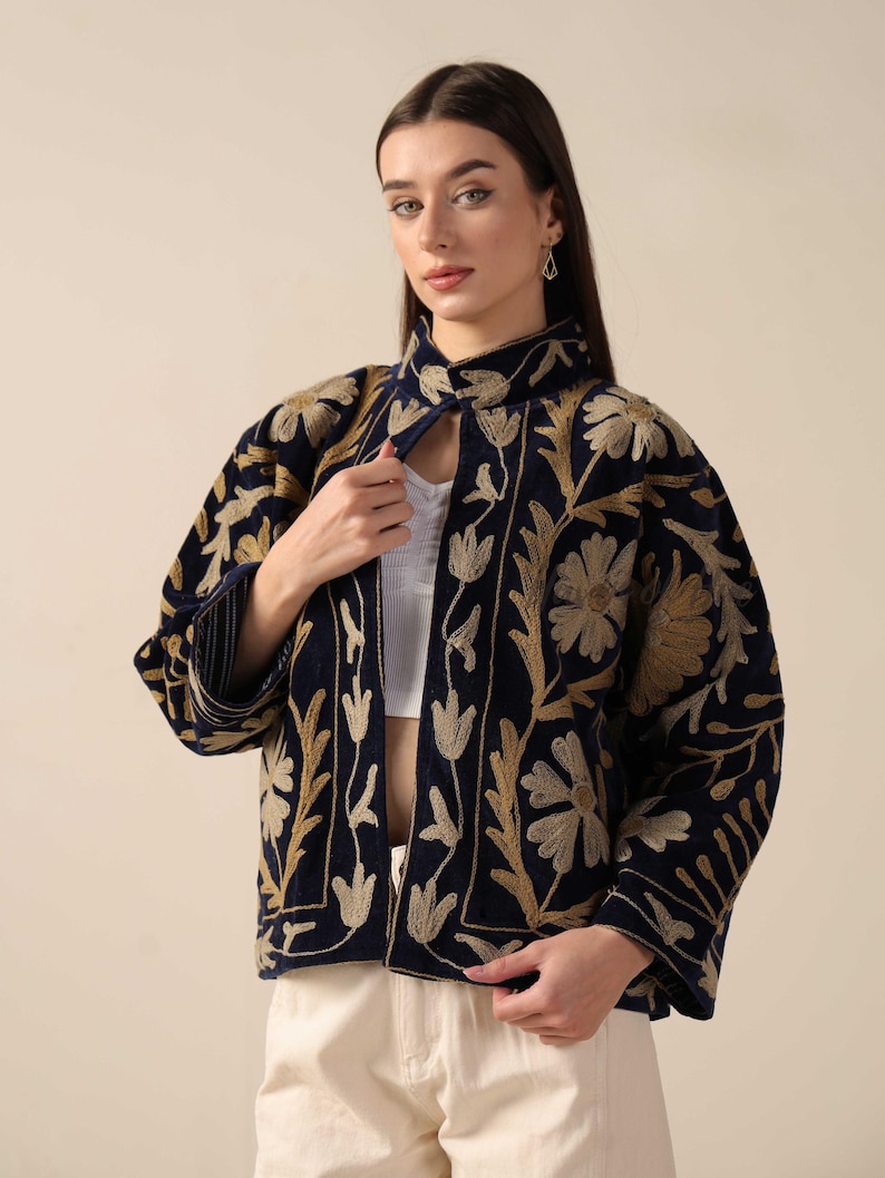 Handmade Velvet Suzani Embroidered Jacket for Women featuring artisan embroidery, boho style, ethnic outerwear, comfortable layering piece, perfect for fall, winter, festivals, travel, and unique gifts.