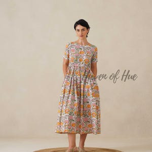 Hand Block Print Cotton Womens Midi Dress, Waist Tie Fit, Pockets, Ethical Summer #9