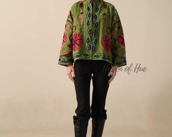 Handmade Velvet Suzani Jacket | Green Floral Embroidered Bohemian Coat